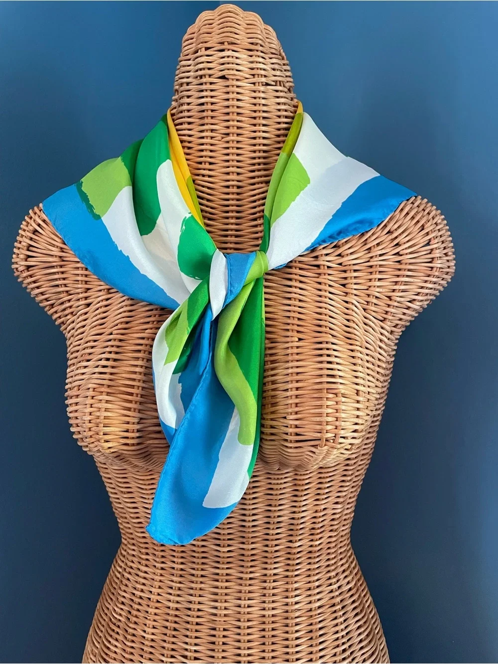 Vintage Silk Rayon Scarf 26” Square Abstract Geometric Green Blue Yellow